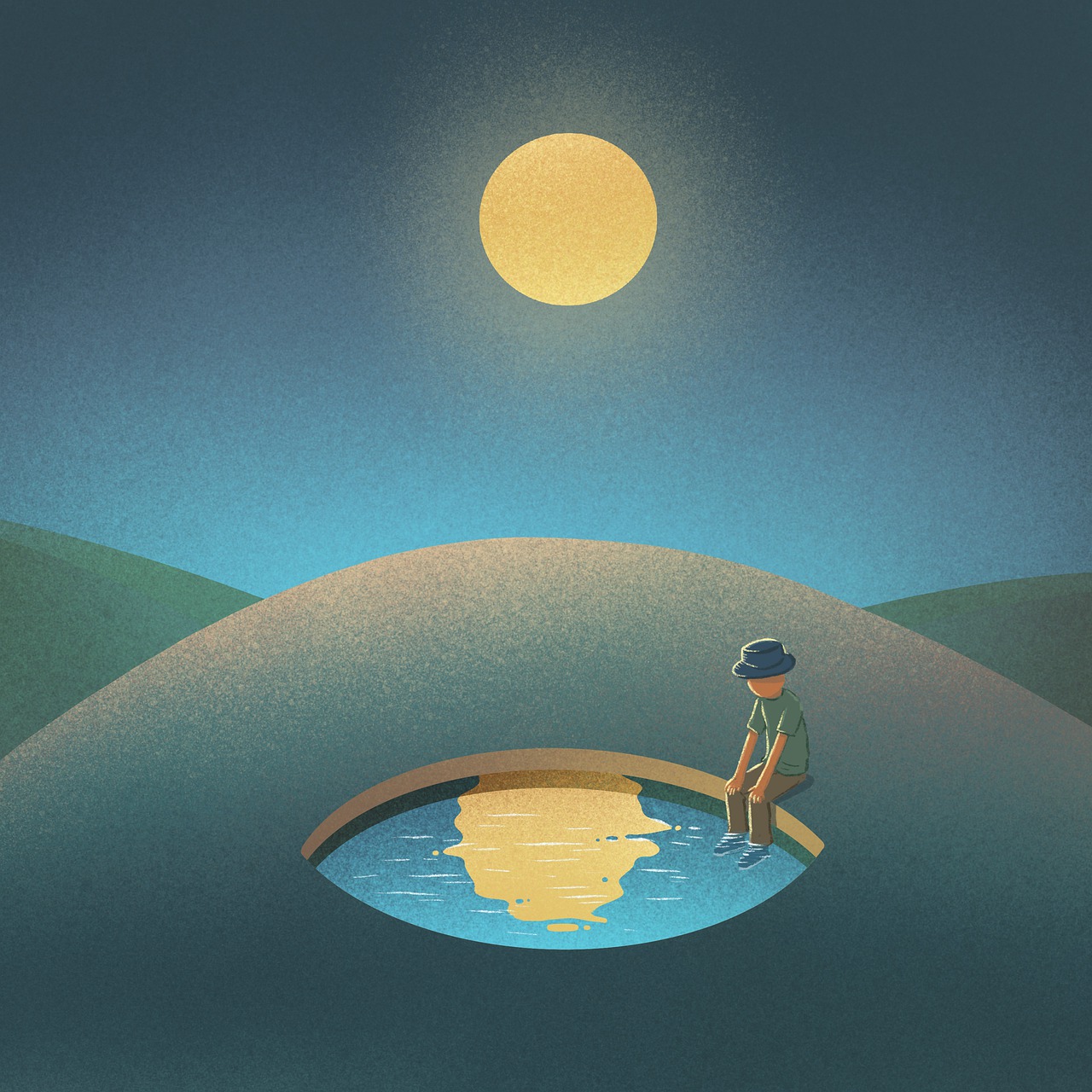 Voice Spark Live season 2 episode 7 featured image, dreamlike illustration man sitting next to eye shaped small pond with reflection of moon in water voicespark.live made by 愚木混株