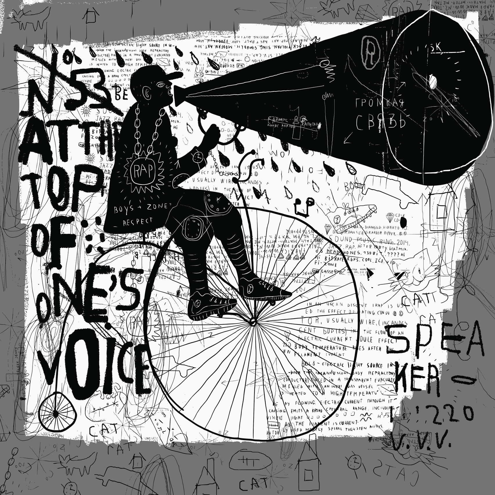 Season 2 Episode 11 Shut'em Down Featured Image Art of man in hip hop attire riding Penny-Farthing Bicycle with megaphone, Art says at the top of one's voice art by Dimapf. Shut'Em Down.