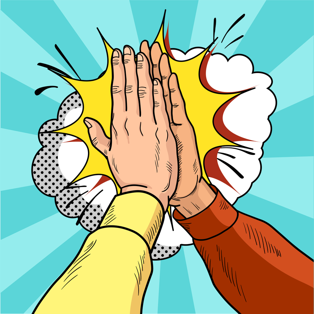 Voice Spark Featured Image S2.E18 Hands give five pop art. Male hands in a gesture of success. Yellow and red sweaters. Vintage cartoon retro vector illustration.